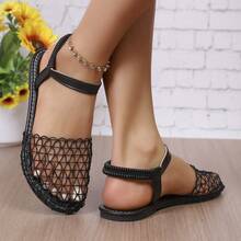 Women's Flat Hollow Fishnet Sandals, Closed Toe, Breathable, Fashion, Versatile, Solid Color, Classic - Black - View 4