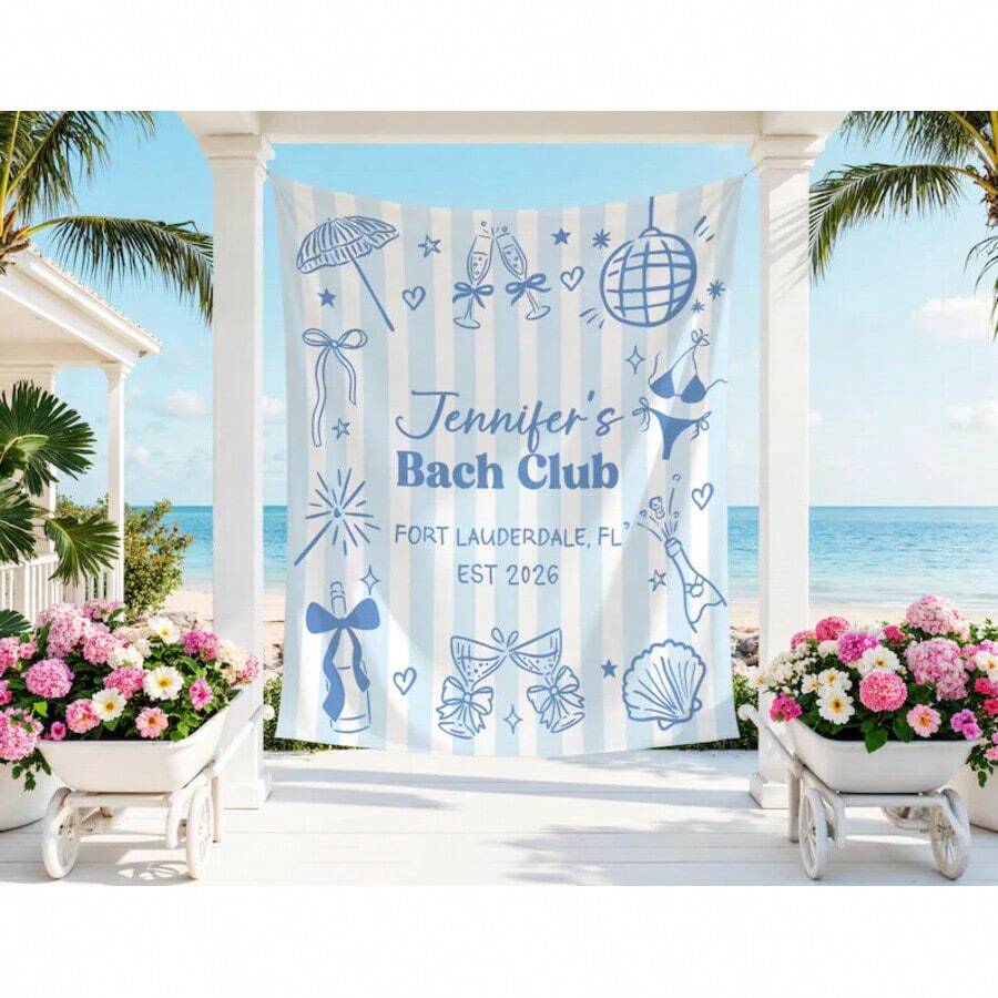 Custom Bachelorette Banner, Personalized Bachelorette Party Tapestry, Beach Bachelorette Photo Backdrop, Coastal Bachelorette Party Decor - 黑色 - 查看 1