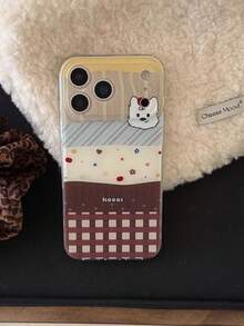 1 Pc Qiu Dong Ins Cute Young Girl Heart West Highland Dogs Following From Brown Stitching Grid, Lovely Advanced Sense Of Fashion And Personalized From The Silicone Protective Shell, Compatible With IPhone17 Compatible With IPhone17promax/Compatible With IPhone16 Pro Max/Compatible With IPhone15 Pro/Compatible With IPhone14 Compatible With IPhone13/12/11, Suitable For Family/Friends/Sister/Girlfriend On Valentine's Day Gift/Birthday Gift/Mother's Day Gift - Brown - View 2