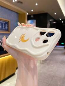 1pc Minimalist Eid Mubarak Moon Design Cream Marble Texture Thick Anti-Fall Precise Hole Lens Protection Phone Case, Suitable Compatible With Iphone, Galaxy, Redmi, OPPO, VIVO, Transsion, Fashionable And Stylish Choice