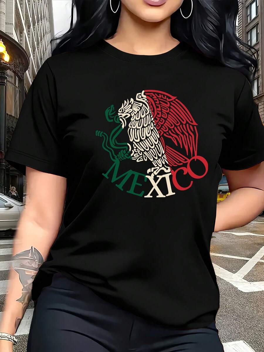Camiseta de cuello redondo con estampado de emblema nacional de colores de la bandera mexicana de estilo simple, adecuada para personas que buscan un estilo personalizado y natural, se puede usar sola para salidas diarias, combinada con chaquetas, en capas para un look en capas, adecuada para viajes y vacaciones, deportes casuales,  sin ataduras, conjuntos de hermanas, adecuada para varios escenarios de estilo. - Negro - Ver 1