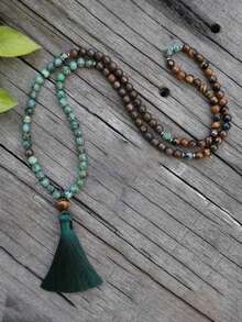 Bohemia Tassel Necklace African Turquoise Bronzite Yellow Tiger Eye 108 Mala Rosary Necklace Japamala Rosary Beads Meditation Yoga Jewelry Unisex - Multicolor - View 8
