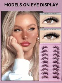 9对透明带猫眼假睫毛，短款柔软3D貂毛睫毛，自然妆容，条状假睫毛 - 黑色 - 查看 2