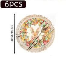 1/4/6pcs Easter Collection, Linen Printed Tasseled Placemat/Coaster With Little Rabbit Surrounded By Easter Eggs And Colorful Flowers - Multicolor - View 13