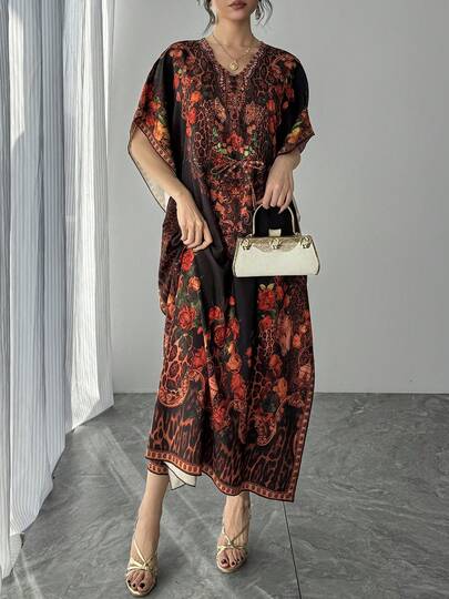 1pc Women's Loose V-Neck Allover Print Dress, High-End Quality Casual Reversible Tie-Waist Midi Dress, Suitable For Vacation, Party, Holiday, Plus Size