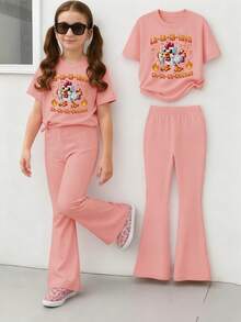 This Tween Girls Casual Outfit Features A Unique Blazing Chicken Print Design And Includes A Pink Short-Sleeved Crew Neck T-Shirt And A Pair Of Pink Flared Pants - Pink - View 1