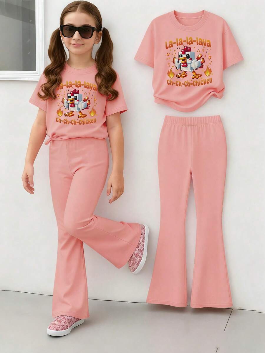 This Tween Girls Casual Outfit Features A Unique Blazing Chicken Print Design And Includes A Pink Short-Sleeved Crew Neck T-Shirt And A Pair Of Pink Flared Pants - Pink - View 1