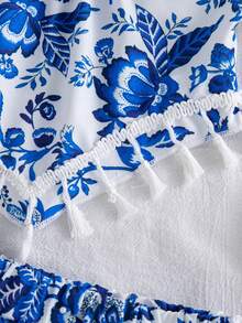 Set de 2 bucăți de vară, top camisol cu imprimeu floral retro vintage și decor cu ciucuri + set de pantaloni scurți casual cu imprimeu floral retro vintage, pentru fete tinere - Albastru regal - Vizualizare 8