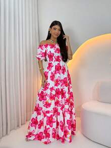 Long -Style Dress With Printed Sleeves - Pink Flowers - View 2