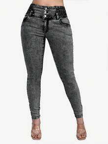 1 pieza Jeans de ajuste ceñido mejorados procesados con técnica de lavado especial, casual de vacaciones de primavera - Gris Oscuro - Ver 4