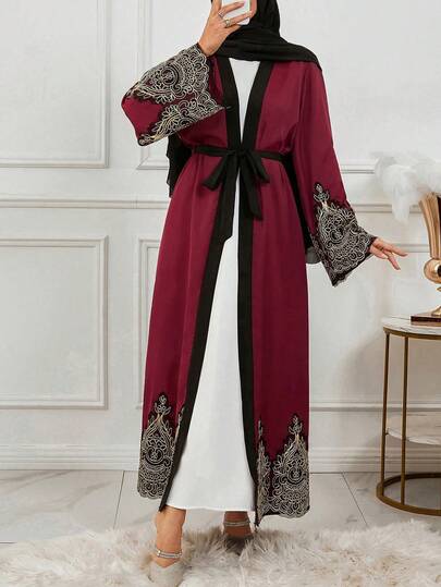 Elegante Arabische abaya-jas met bloemenapplicatie en lange mouwen voor dames, gouden kantpatchwork, bescheiden abaya-jas, boho, vakantie, strandvakantie