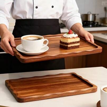 Acacia Wood Tray, Serving Platter, Dinner Plate, Steak Plate, Food Plate, Party Platter, Wooden Dessert Plate, Cheese Board, Multipurpose Snack Tray, Japanese Style Wooden Tray, Washable Dining Plate, Suitable For Coffee, Tea, Cake, Cheese, Bread, Ideal For Room/Living Room And Kitchen Decor, Kitchen Supplies, Patio, Picnic