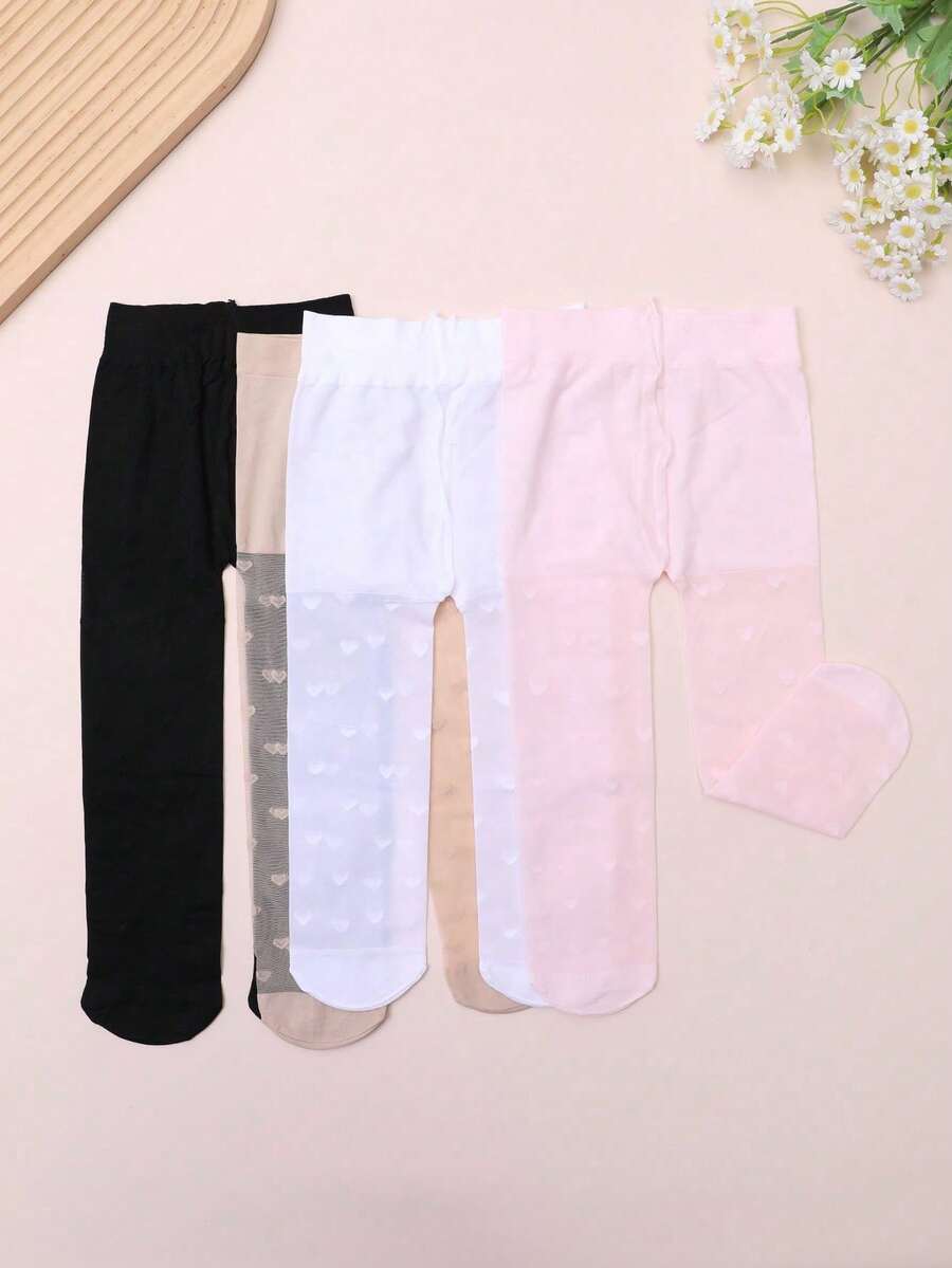 4/1 Pair Random Cute Heart Pattern Tights For Baby Girls, Black/White/Beige/Pink, Velvet Soft Breathable Skinny Leggings, Princess Pantyhose, Match All Skirts, Also Suitable As Gifts - Multicolor - View 1