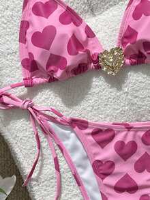 2pcs/Set Sexy Heart Elegant Backless Tie-Up Beach Vacation Outfit, Summer - Pink - View 2