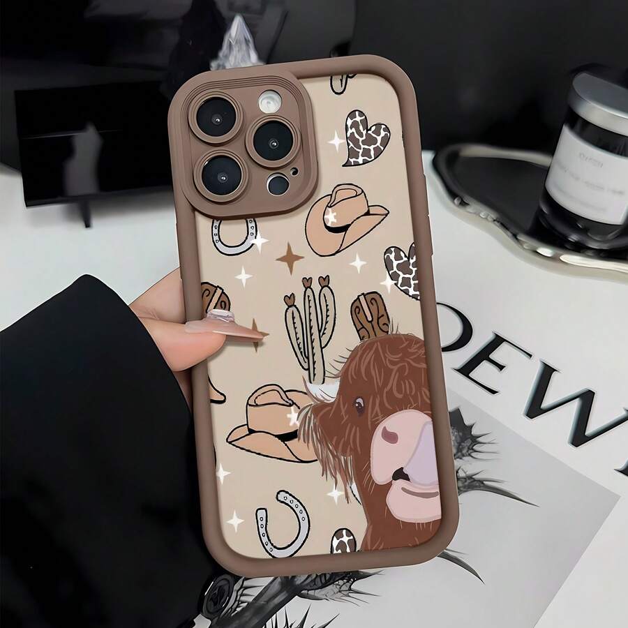 Estuche para teléfono con temática occidental de Highland Cow Compatible con estuches para teléfonos 17 16 Pro Max 15 Pro Max 13 y 12 Hecho de material de TPU que brinda protección contra golpes y caídas Un gran regalo para familiares, amigos, seres queridos, novios / novias y para aniversarios y días festivos - Marrón - Ver 1