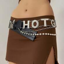 Valentine's Day Rhinestone Letter Belt, New D.I.A Metal Plate Linked Crocodile Texture Butterfly Shiny Leather Belt, Y2K Versatile Casual Street Style Waist Belt - Multicolor - View 5