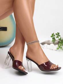 女士方头水晶镂空高跟穆勒鞋 - 酒紅色 - 查看 3