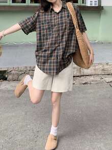 夏季新款复古格子刺绣短袖优雅Polo领百搭女式衬衫 - 藍紫色 - 查看 6