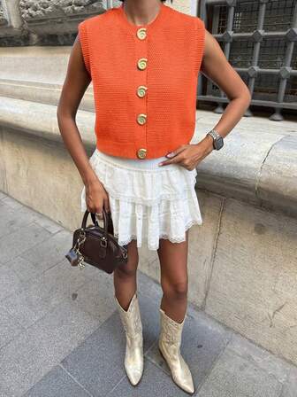 Joy Knit 女士春夏新款 - 夏季度假装扮 - 春季女装 - 简约休闲百搭 - 女士休闲衬衫 - 情人节装扮 - 金属贝壳纽扣圆领套头针织背心 - 女士沙滩装扮 - 女士外出上衣 - 女士度假装扮