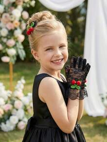 1 Pair Ultra Stretch Lace Gloves For Girl & Girls, Ages 4-12 Years, Black Series - Suitable For Wedding, Pageant, Flower Girl, Dance Performance & Birthday Princess Photo Props - 1Pair - View 14