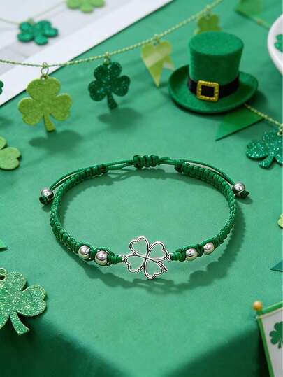 1 chiếc vòng tay bện hình cỏ bốn lá màu xanh lá cây mừng ngày Thánh Patrick, vòng tay cỏ bốn lá may mắn có thể điều chỉnh - Thích hợp để trang trí tiệc mừng ngày Thánh Patrick, phù hợp với trang phục diễu hành, phụ kiện tiệc tùng, trang phục thường ngày, quà tặng ngày lễ cho bạn bè, tượng trưng cho may mắn và thành công, món quà hoàn hảo cho thanh thiếu niên.