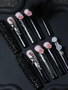 CrystalHola Valentine's Day 10 Pcs Handmade Press-On Nails, Square Long Nails, Y2K Color, Black And Pink Nail Base With Black Pom-Pom, 3D Flowers, Exquisite Accessories, Full Coverage, Removable And Reusable, Durable, Unique Summer Nail Art, A Must-Have Fashion Accessory For Parties And Weddings. Nail Supplies - Multicolor - View 4