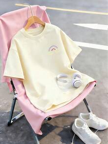 Tween flickors avslappnad t-shirt med grafiskt tryck och rund hals, kortärmad, sommartopp - Aprikos - Visa 6