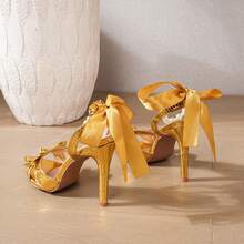 2026 New Arrival Sexy Pointed Toe High Heel Pearl Sandals, Bowknot Design, Nightclub Style, Summer Party Shoes - Gold - View 9