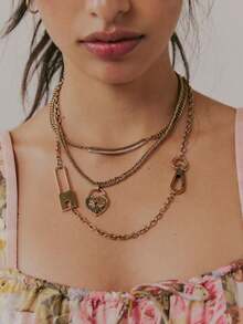 Layered Multi-Chain Heart Lock Safety Pin Necklace | Gold/Silver Tone Valentine's Day Beach Vacation Edgy Fashion Accessory - Heart Lock - View 12
