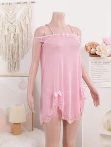 Set de 2 piezas de lencería transparente con adorno de encaje y moño, con tanga a juego, una opción perfecta para ropa de dormir - Rosa - Ver 5