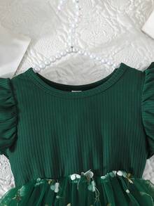 Baby Girl Elegant Floral Embroidery Mesh Flutter Sleeve Princess Dress, Summer - Dark Green - View 5