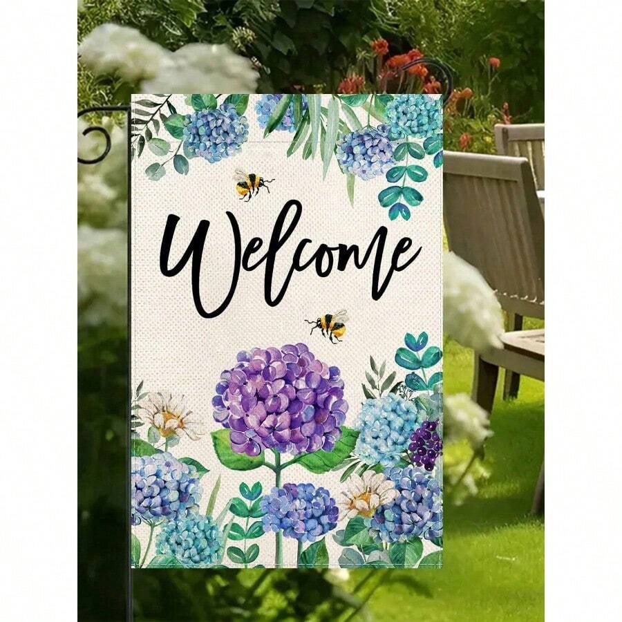 One Hydrangea Garden Flag, Measuring 12 X 18.50 Inches. Featuring A Welcoming Spring Floral Pattern, Made Of Durable Double-Sided Linen, This Outdoor Decoration Requires No Electricity And Is Perfect For Patio And Garden Decor (Flag Included). - 彩色 - 查看 1