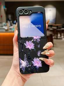 1pc Fashionable And Simple Skin Feel PC Material Lotus Flower Butterfly And Other Elements Folding Phone Case, Can Protect And Prevent Falling: SamsungGalaxy Zflip 3/Zflip 4/Zflip 5/Zflip 6/Zflip 7/ Razr 50 Ultra/ Razr 60 Ultra/ Razr 60/ Rolla Razr 50/Galaxy Z Flip7 FE - Black - View 7