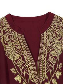 女士金色刺绣卡夫坦长裙 V 领波西米亚风沙滩罩衫侧开衩长袍度假装端庄家居服泳装 - 紅色 - 查看 6