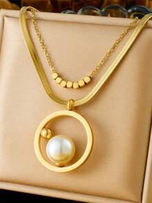 1pc Gold Faux Pearl Double Layer Necklace, Elegant & Chic Style, Suitable For Dates, Commuting, And Everyday Wear (OPP Bag Packaging) - Yellow Gold - View 7