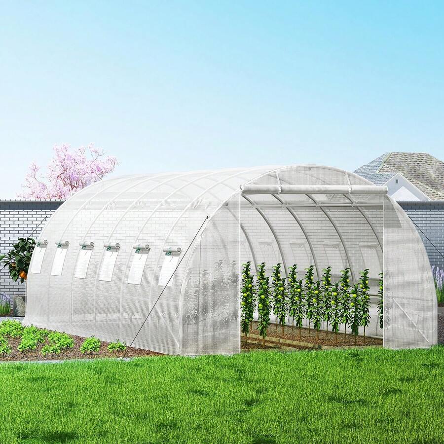 15x7x7ft & 20x10x7ft Walk-In Tunnel Greenhouse, Portable Plant Hot House With Galvanized Steel Hoops, Top Beam, Diagonal Poles, Zippered Door & Roll-Up Windows, White - 20 x 10 x 7 英尺 - 查看 1