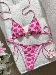 2pcs/Set Sexy Heart Elegant Backless Tie-Up Beach Vacation Outfit, Summer - Pink - View 1