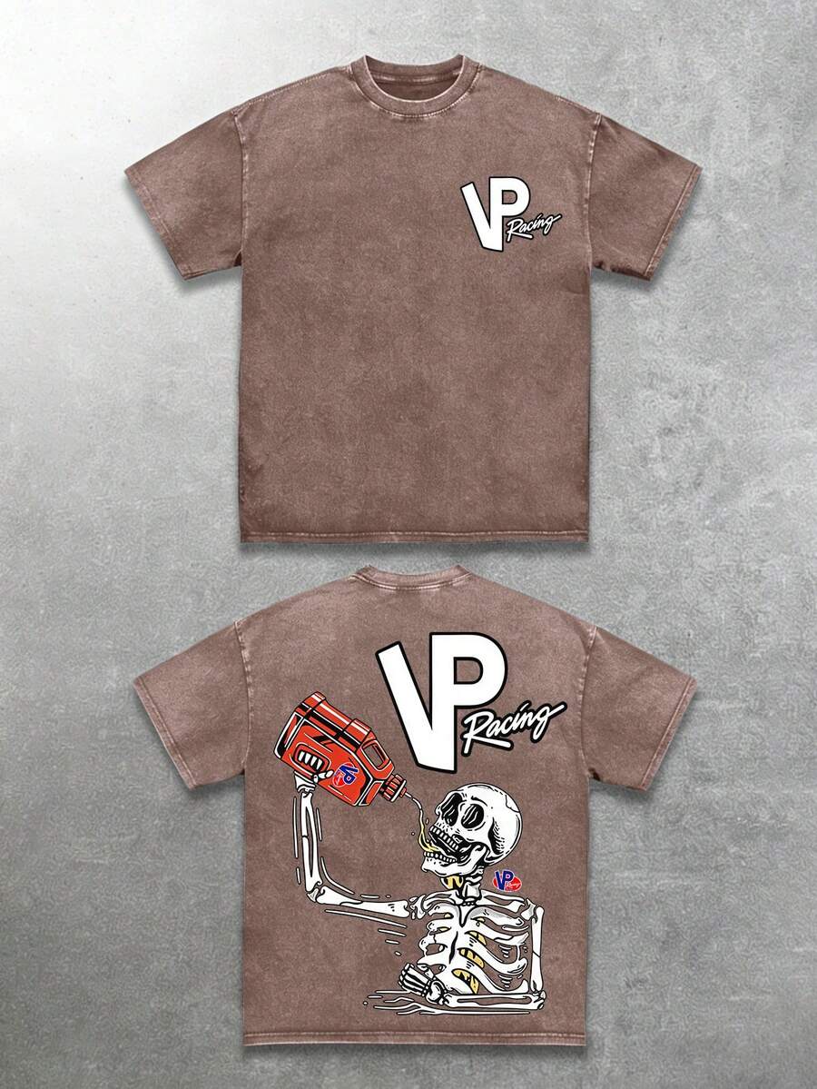 VP Racing Vintage Washed High-Quality Pure Cotton Double-Sided Printed T-Shirt, Men's T-Shirt, Summer Old Wear, Off-The-Shoulder Sleeves, Round-Neck Top, Short Sleeves - 咖啡棕 - 查看 1