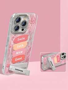 1pc Electroplated Glitter Full Coverage Luck Phone Case With 3D Metal Stand, Compatible With IPhone 11/12/13/14/15/16/17/Pro Max - Pink - View 1