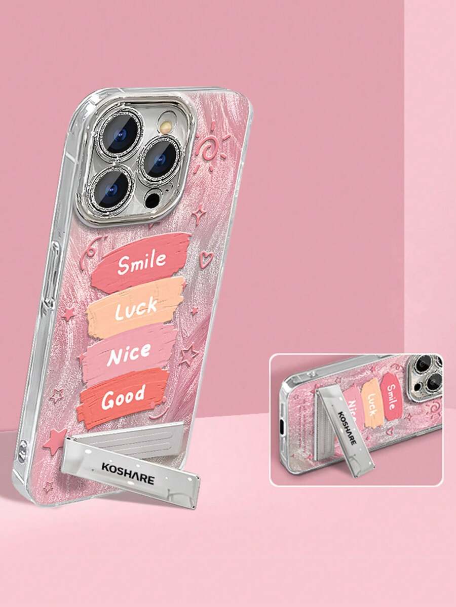 1pc Electroplated Glitter Full Coverage Luck Phone Case With 3D Metal Stand, Compatible With IPhone 11/12/13/14/15/16/17/Pro Max - Pink - View 1