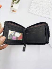 男士奢华仿皮钱包，压纹顶部，光滑黑色仿皮主体，拉链封口，多个卡槽，大容量，缝线设计——送给父亲、丈夫或兄弟的完美礼物 - 彩色 - 查看 5