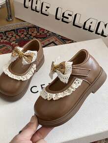 1 Pair New Casual Fashion Flat Shoes For Baby Girls, Made Of Quality PU Material, Decorated With Lace And Bow, Lightweight And Stable Sole, Versatile For Walking, Travel, Outdoor Wear, Suitable For All Seasons - Brown - View 2