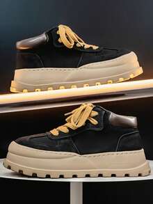 男士厚底耐穿舒适休闲运动鞋，PU皮革户外运动复古舒适男士滑板鞋，纯色拼接青年户外舒适男鞋 - 黑色 - 查看 11