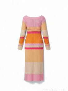 Senya 女士圆领撞色条纹长袖针织连衣裙，甜美优雅风格，适合日常休闲穿着、约会、情人节、婚礼、休闲派对、机场穿搭、海滩度假等场合，2026 夏季新款 - 亮橙色 - 查看 11