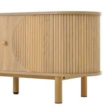 Modern TV Unit With Rattan Drawers With Open Compartments, Rounded Top, Wood Effect Metal Legs, Multifunctional Living Room Furniture.