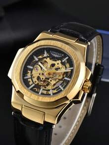 1pc Men's Double-Sided Hollow Automatic Mechanical Waterproof Leather Band Watch, Classic & Elegant - Black - View 7
