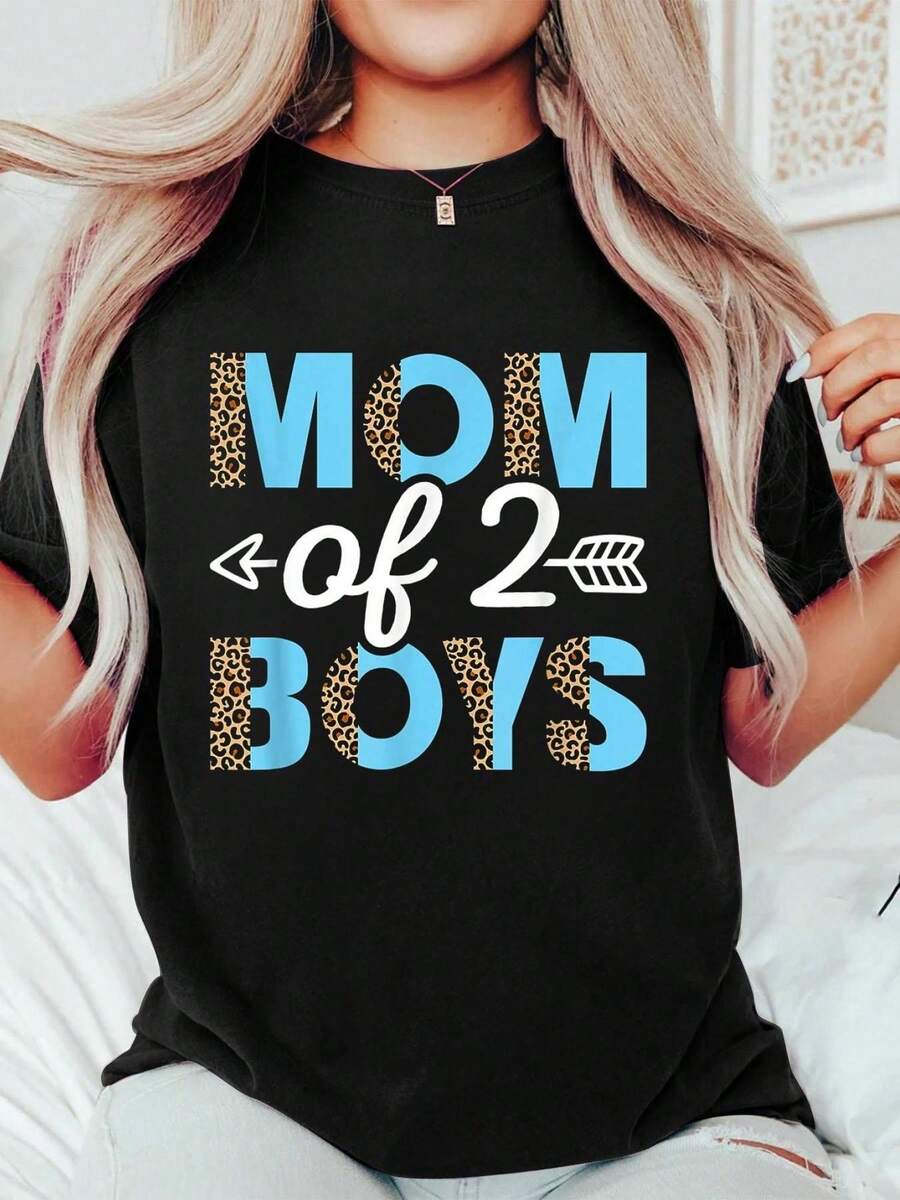 Mom Of 2 Graphic T-Shirt - Playful Lettering With Leopard Print Accents, Soft Round Neck Casual Summer Tee For Women, Mother's Day Gift, Machine Washable Black Top, Mom Shirt, Bold Graphic Tee, Comfortable Fit Shirt - 黑色 - 查看 1