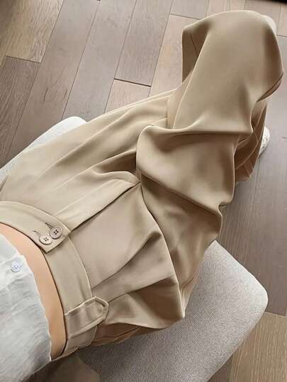 女式纯色前双扣修身长裤