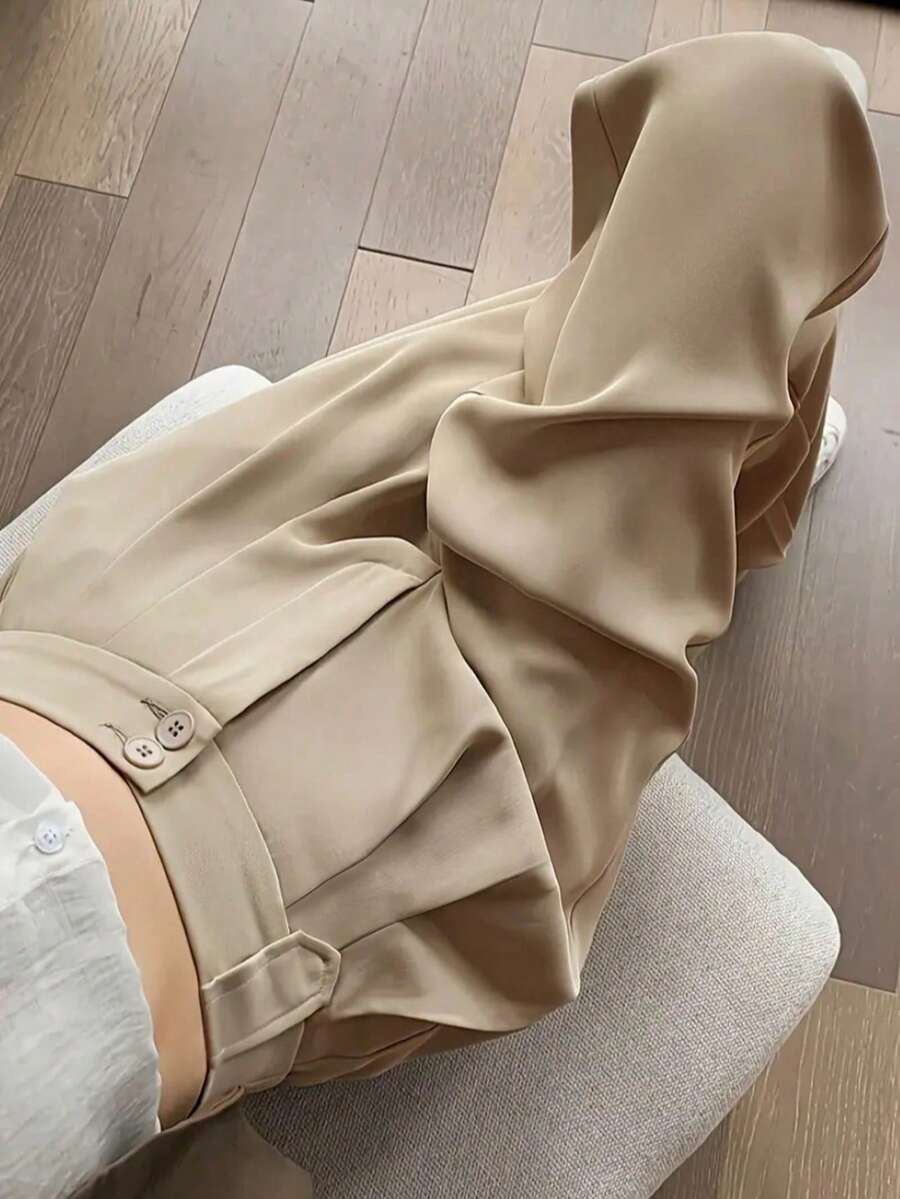 女式纯色前双扣修身长裤