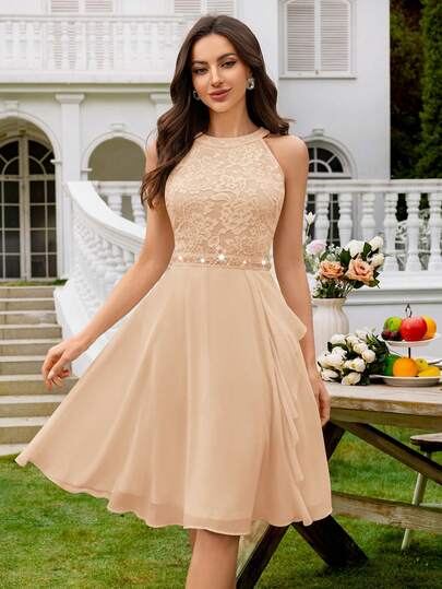 MIUSOL Đầm dự tiệc dáng xòe cổ cao bằng chiffon, ren hoa, xếp ly, thanh lịch, phù hợp cho khách dự đám cưới, sinh nhật, lễ tốt nghiệp, tựu trường và các dịp khác.